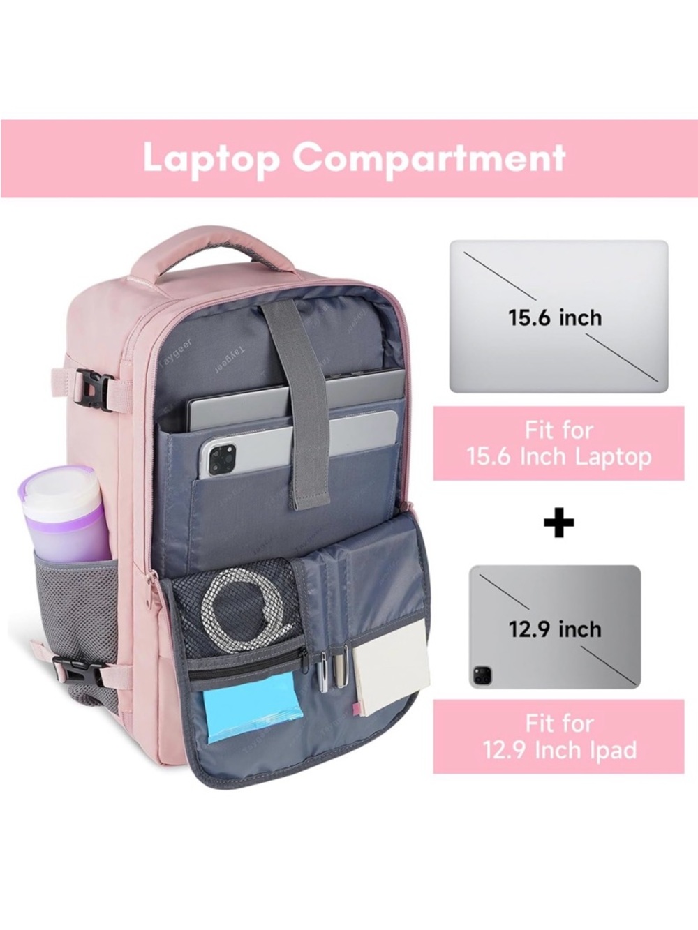 NWOT Taygeer large Pink women's Travel Backpack 16.8 x 11 x 7 inches - Picture 3 of 5